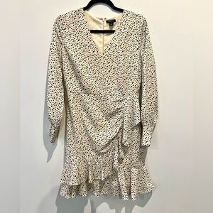 Halogen Long Sleeve Ruffle Short Dress Cream Beige Animal Leopard Print
